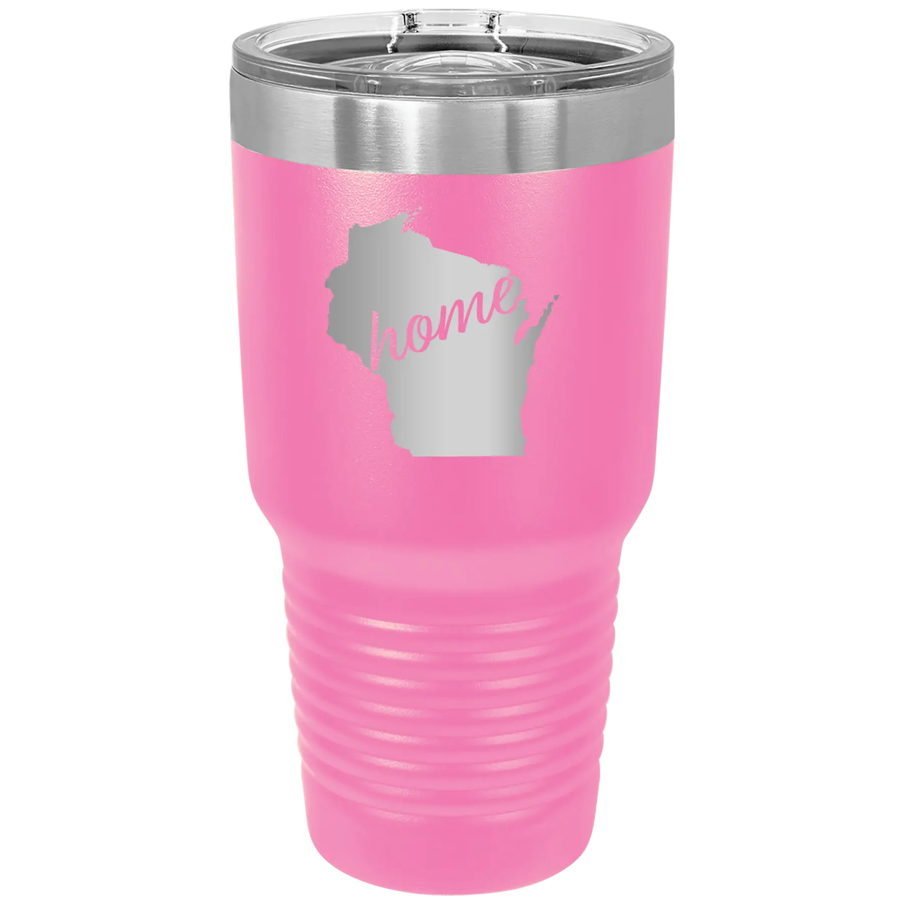 Laser etched pink 30 oz vacuum insulated tumbler with 'Wisconsin Home' design