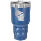 Laser etched royal blue 30 oz vacuum insulated tumbler with 'Wisconsin Home' design