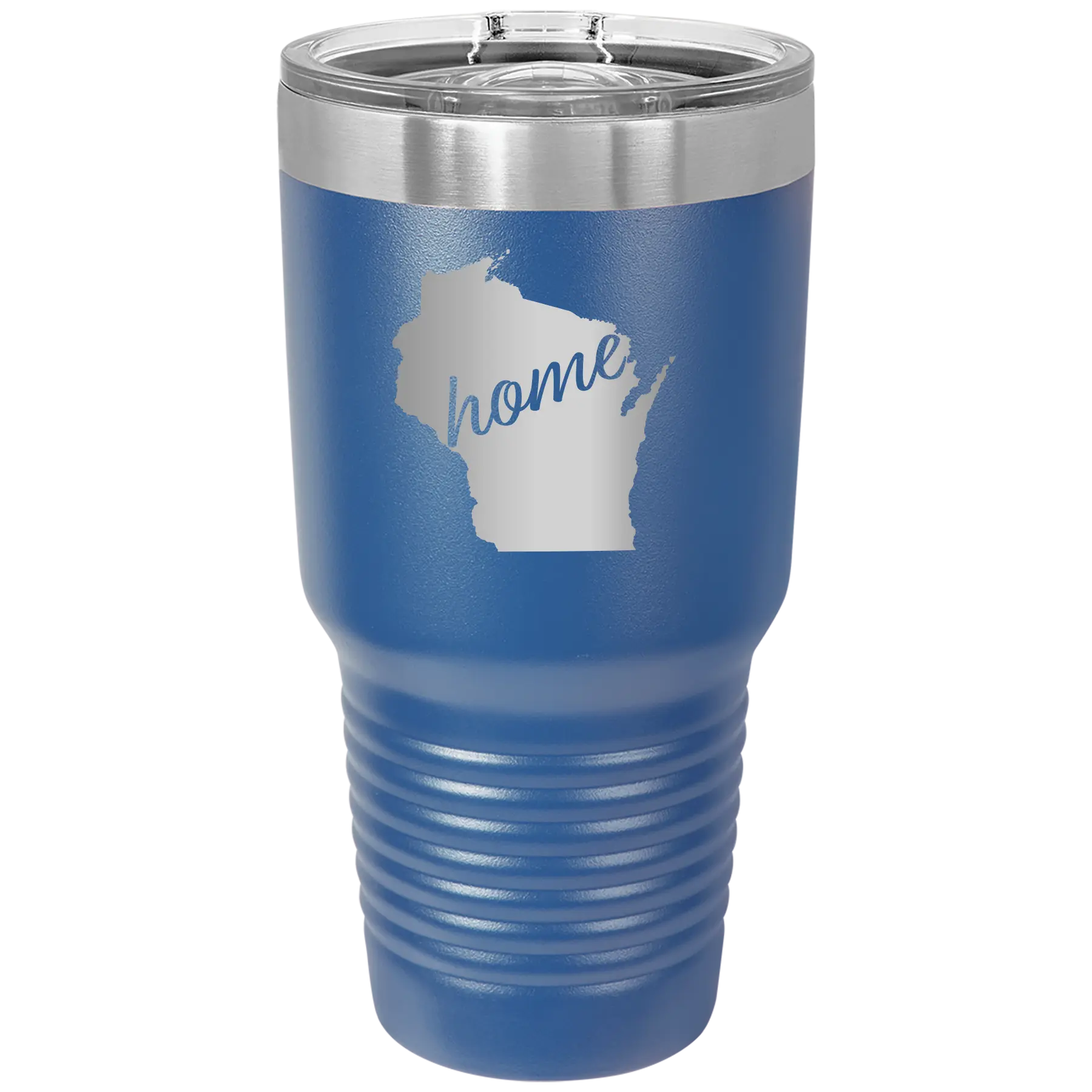 Laser etched royal blue 30 oz vacuum insulated tumbler with 'Wisconsin Home' design
