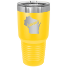 Laser etched yellow 30 oz vacuum insulated tumbler with 'Wisconsin Home' design
