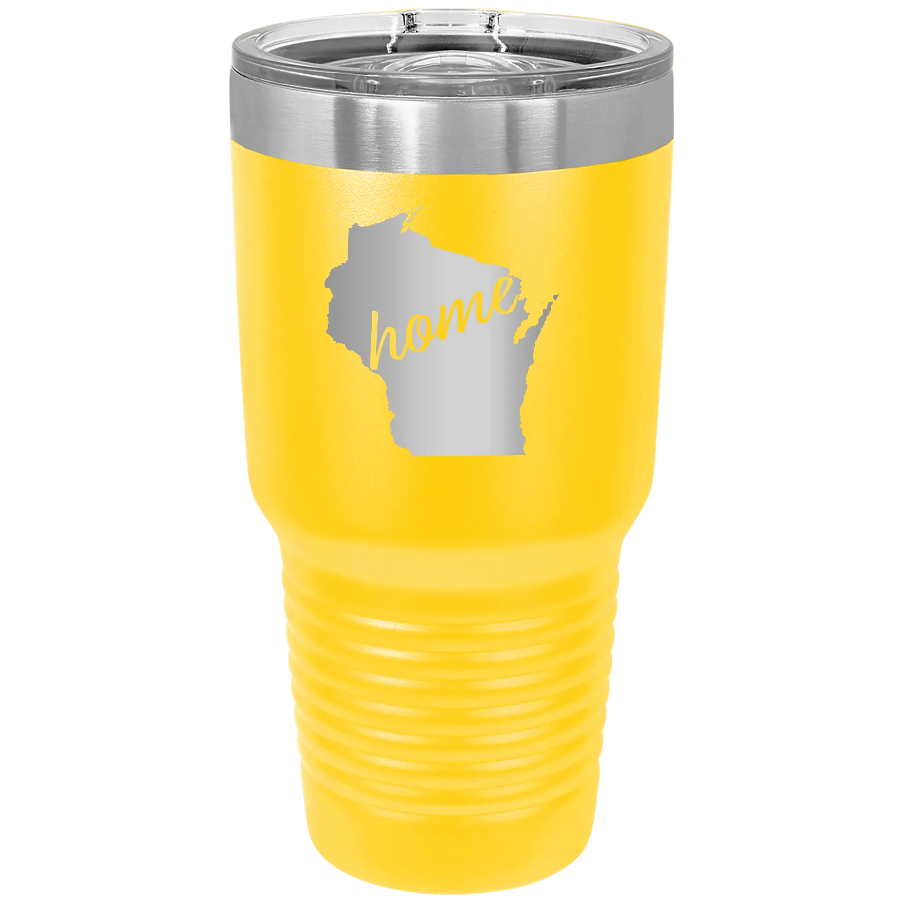Laser etched yellow 30 oz vacuum insulated tumbler with 'Wisconsin Home' design