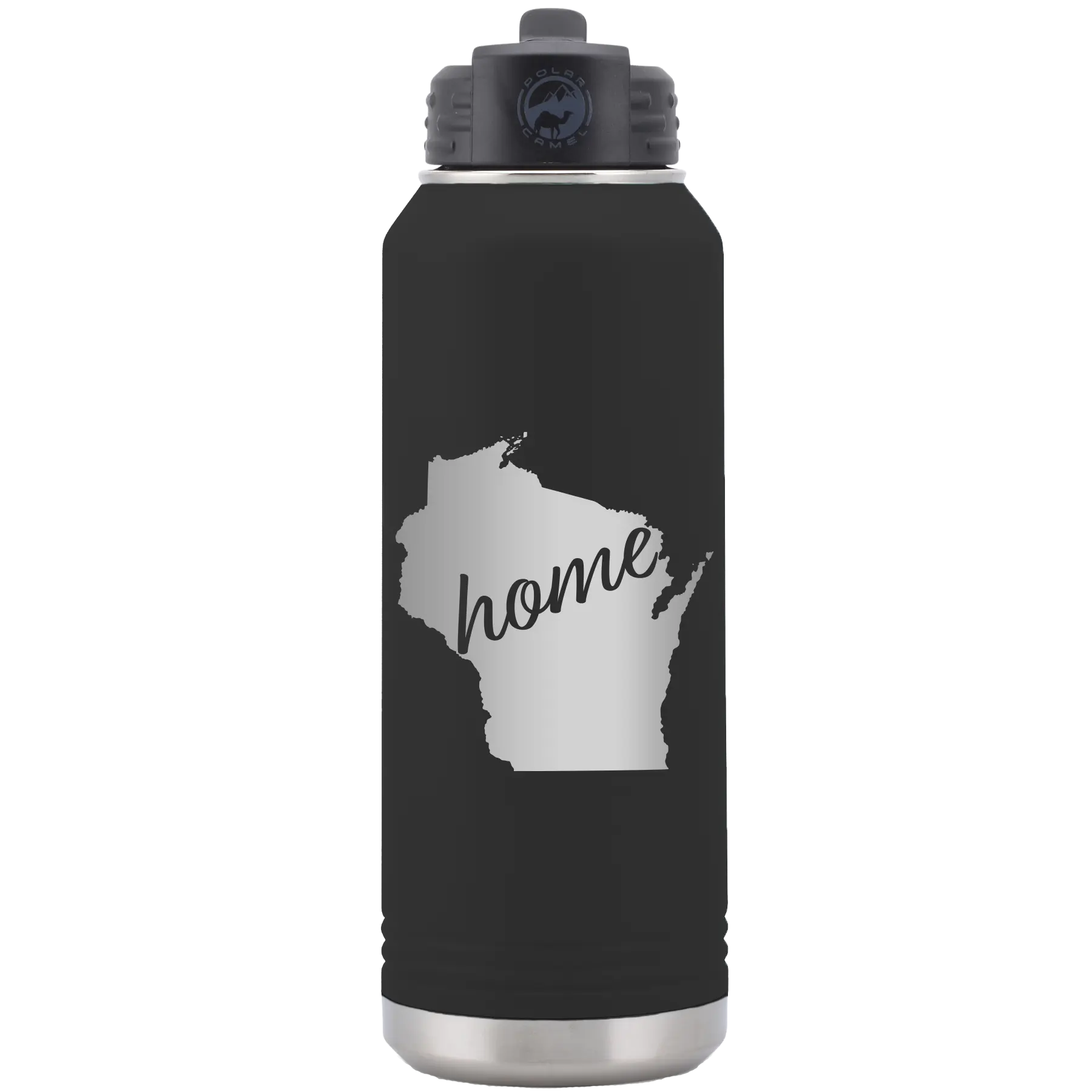 Laser etched black 32 oz vacuum insulated water bottle with 'Wisconsin Home' design