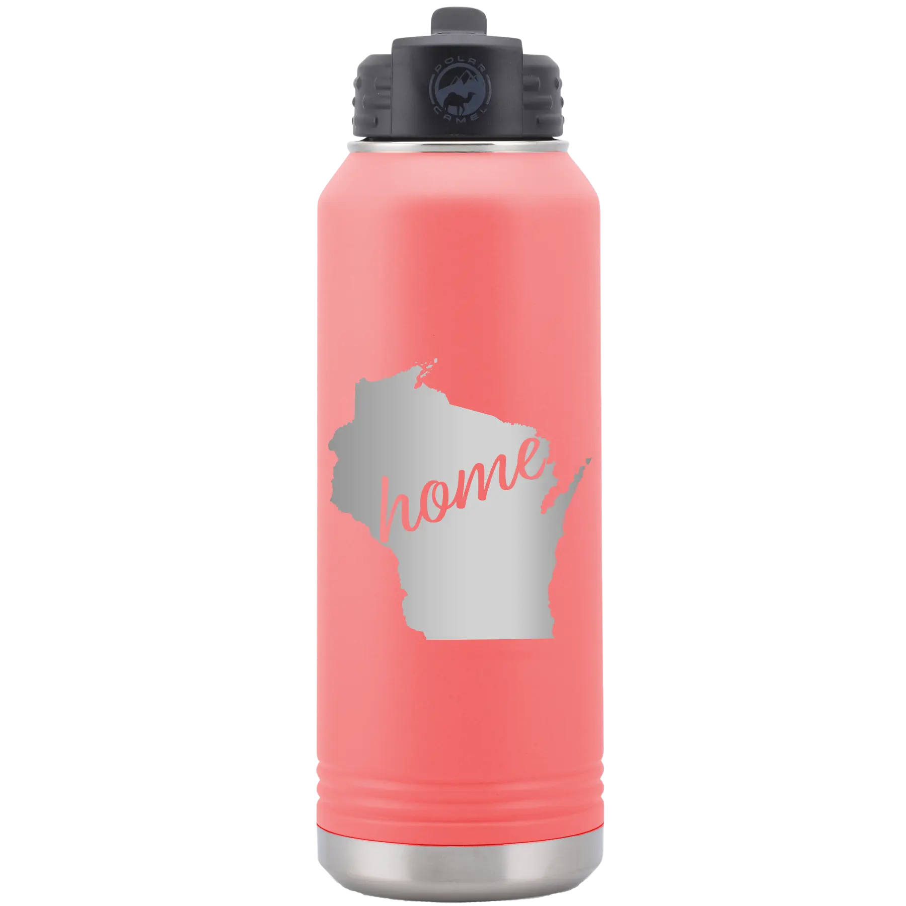 Laser etched coral 32 oz vacuum insulated water bottle with 'Wisconsin Home' design