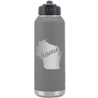 Laser etched dark gray 32 oz vacuum insulated water bottle with 'Wisconsin Home' design