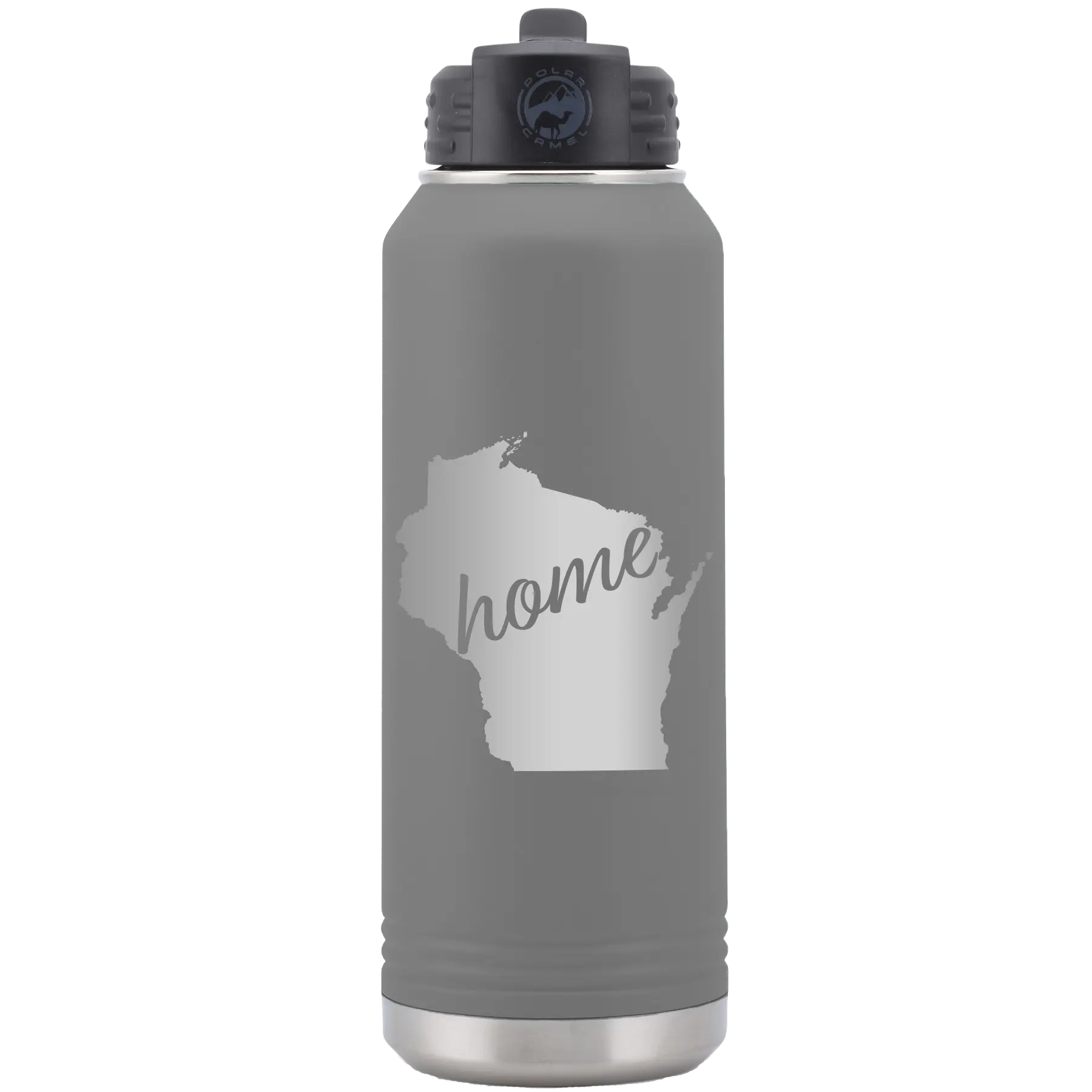 Laser etched dark gray 32 oz vacuum insulated water bottle with 'Wisconsin Home' design