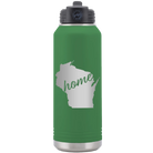 Laser etched green 32 oz vacuum insulated water bottle with 'Wisconsin Home' design