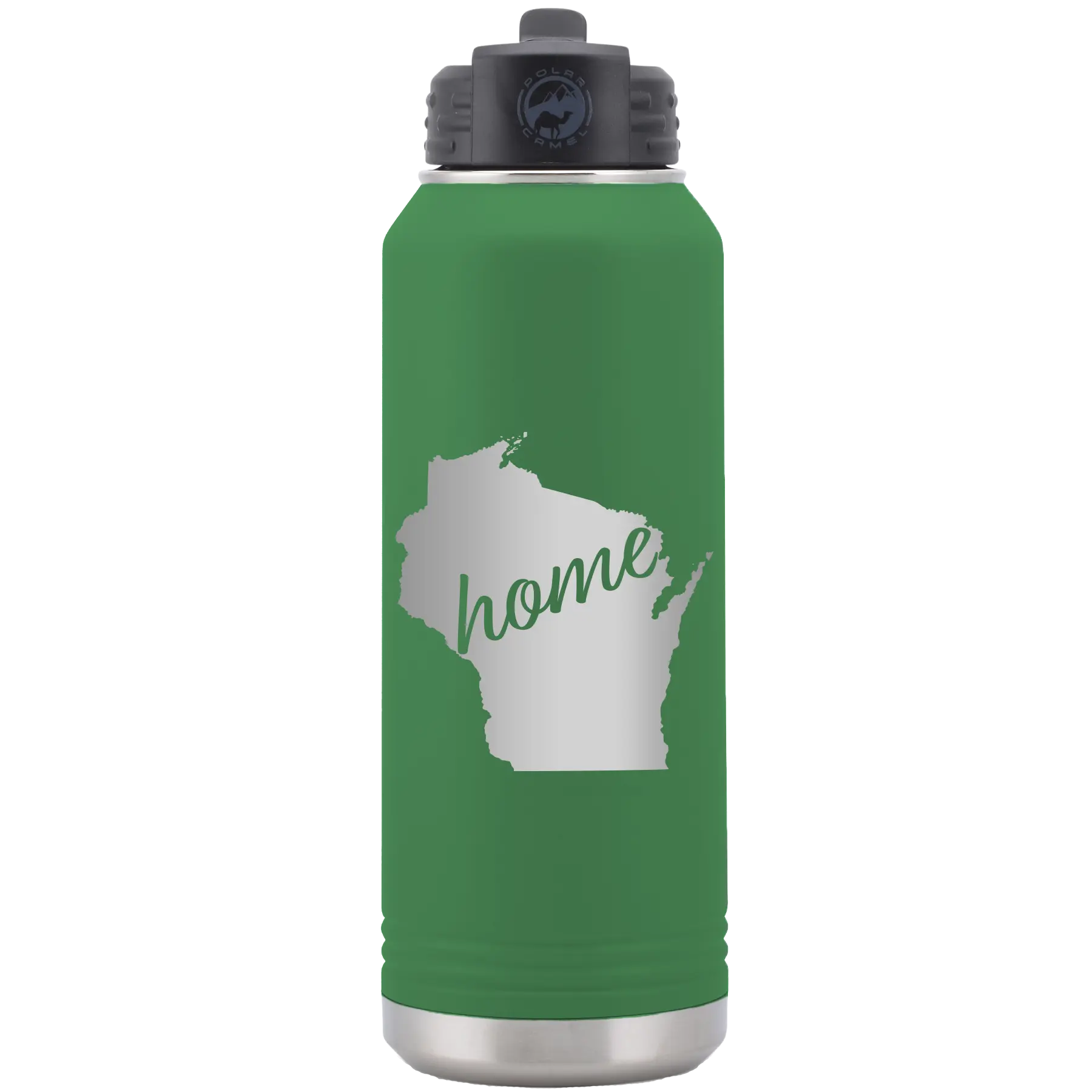 Laser etched green 32 oz vacuum insulated water bottle with 'Wisconsin Home' design