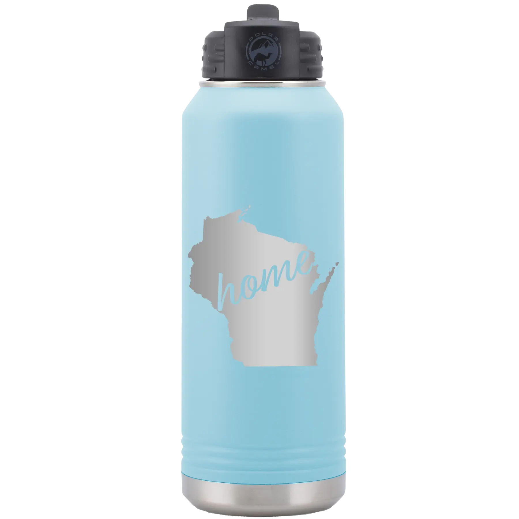 Laser etched light blue 32 oz vacuum insulated water bottle with 'Wisconsin Home' design