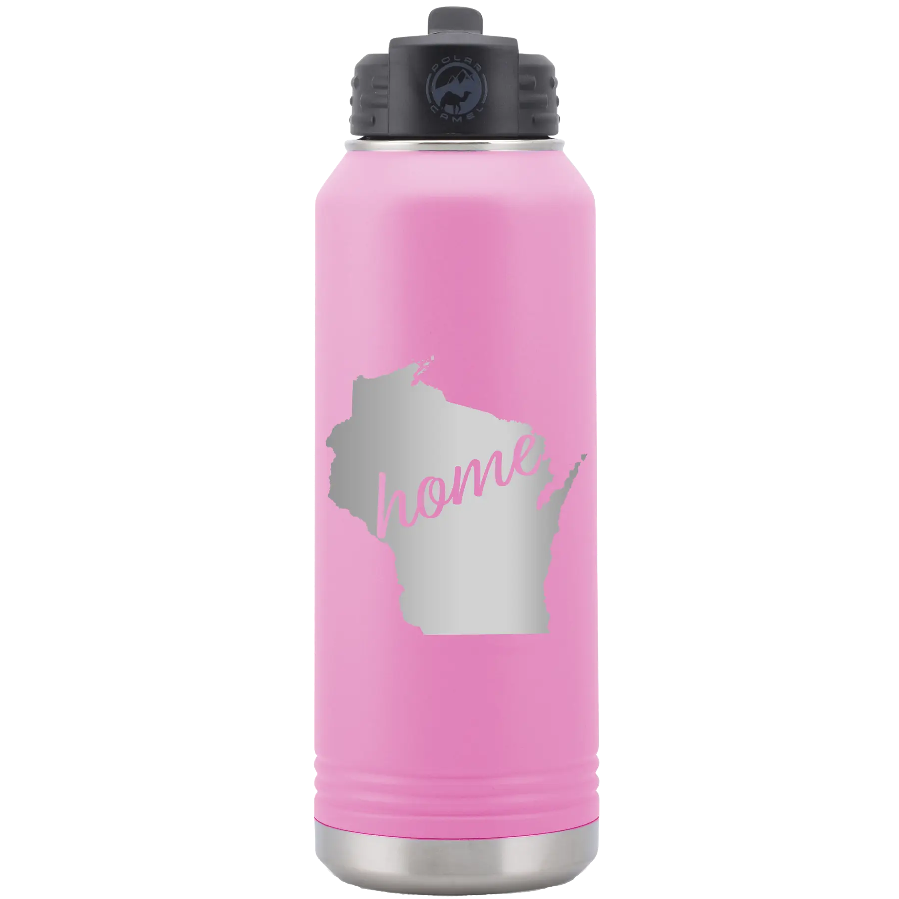 Laser etched light purple 32 oz vacuum insulated water bottle with 'Wisconsin Home' design