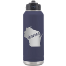 Laser etched navy 32 oz vacuum insulated water bottle with 'Wisconsin Home' design