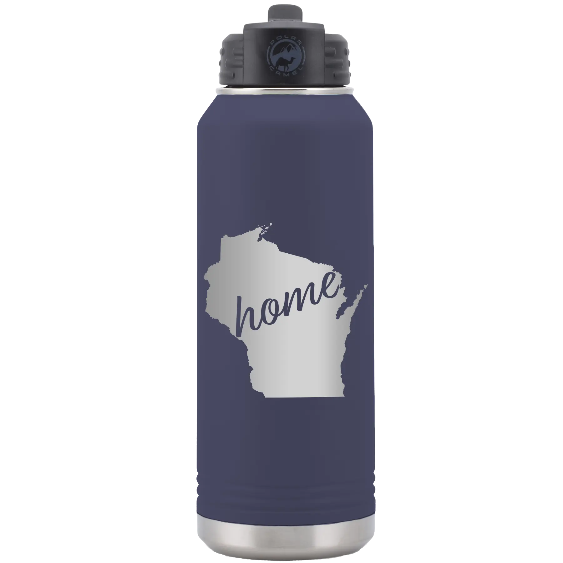 Laser etched navy 32 oz vacuum insulated water bottle with 'Wisconsin Home' design