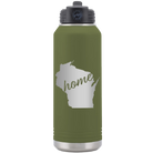 Laser etched olive green 32 oz vacuum insulated water bottle with 'Wisconsin Home' design