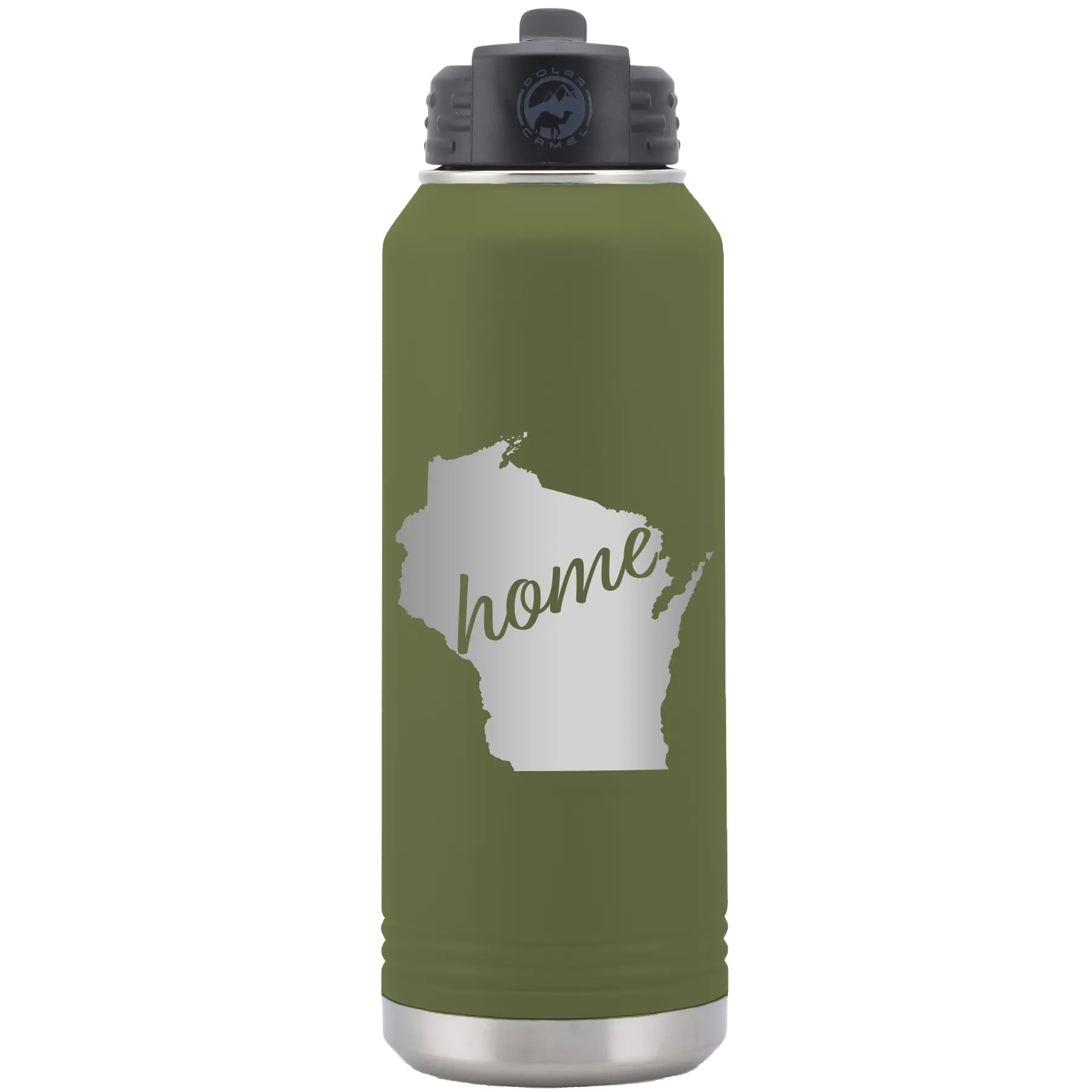 Laser etched olive green 32 oz vacuum insulated water bottle with 'Wisconsin Home' design