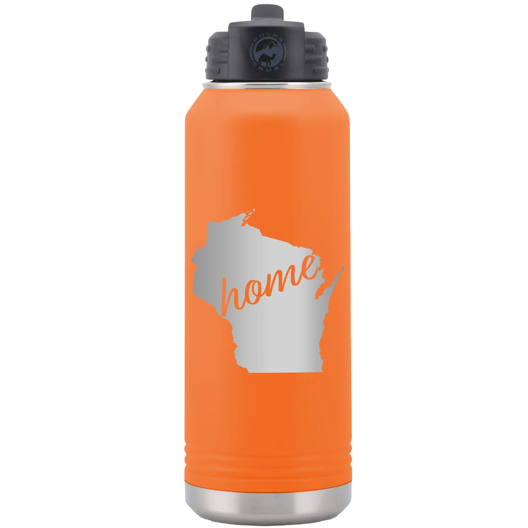 Laser etched orange 32 oz vacuum insulated water bottle with 'Wisconsin Home' design