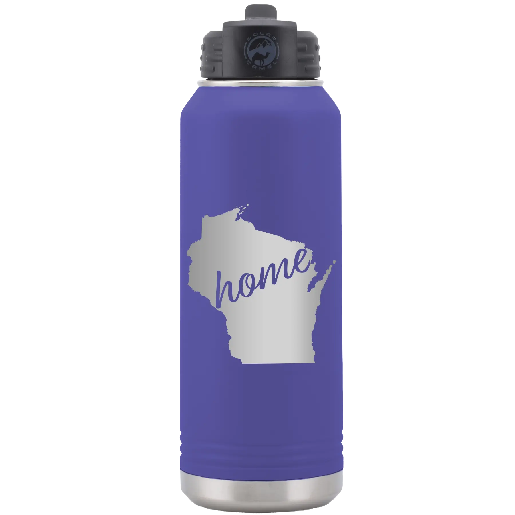 Laser etched purple 32 oz vacuum insulated water bottle with 'Wisconsin Home' design