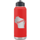 Laser etched red 32 oz vacuum insulated water bottle with 'Wisconsin Home' design