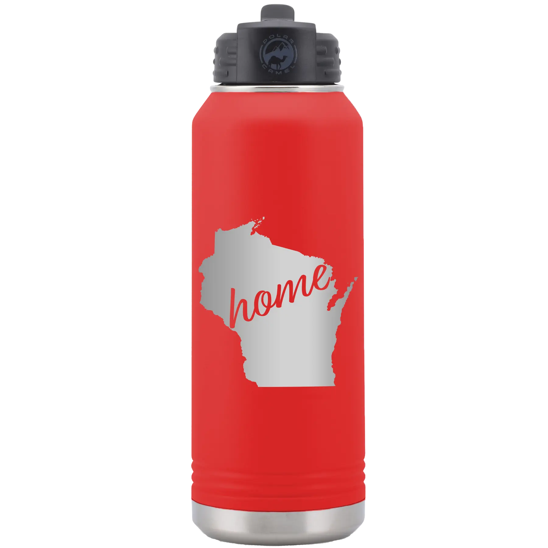 Laser etched red 32 oz vacuum insulated water bottle with 'Wisconsin Home' design
