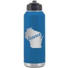 Laser etched royal blue 32 oz vacuum insulated water bottle with 'Wisconsin Home' design