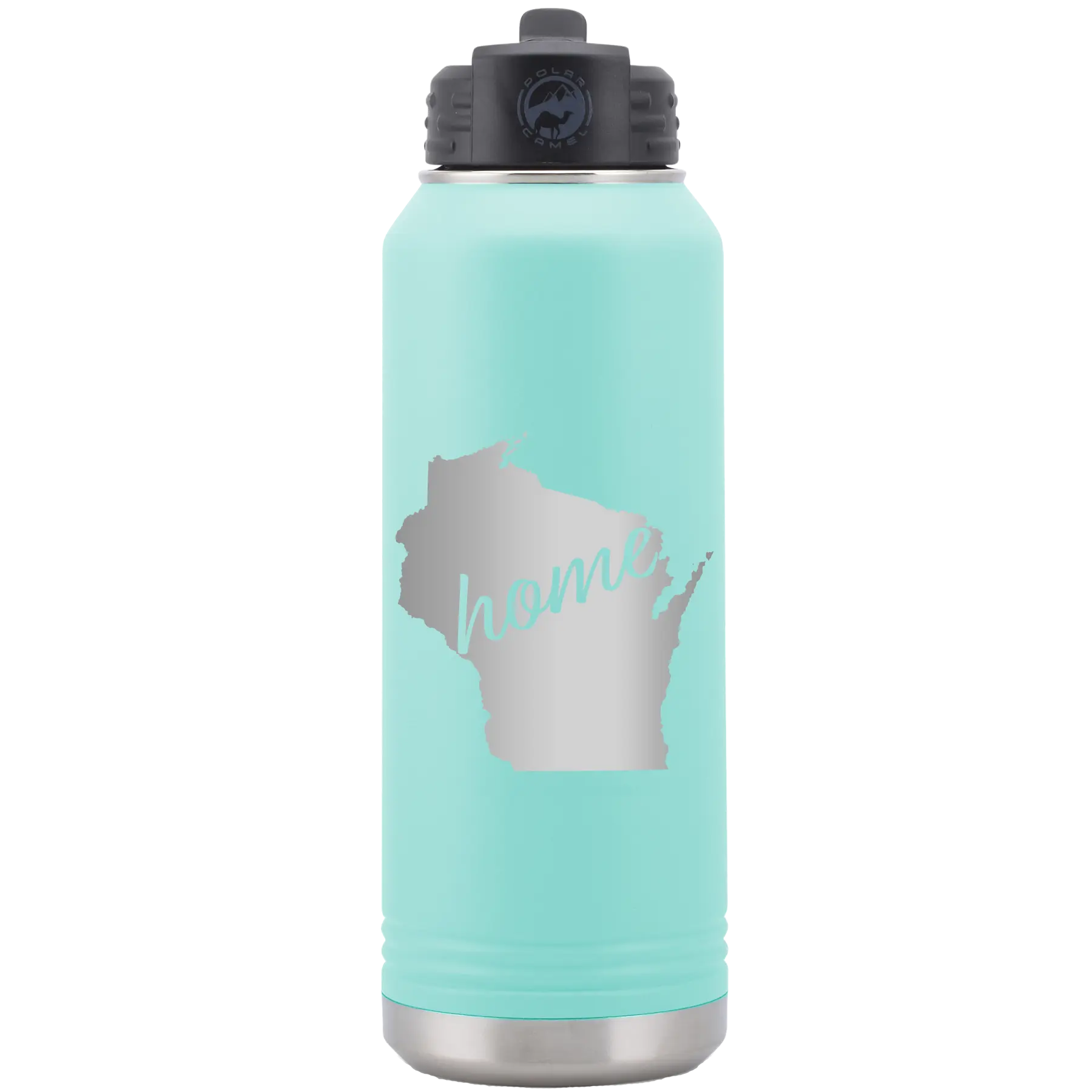 Laser etched teal 32 oz vacuum insulated water bottle with 'Wisconsin Home' design