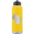 Laser etched yellow 32 oz vacuum insulated water bottle with 'Wisconsin Home' design