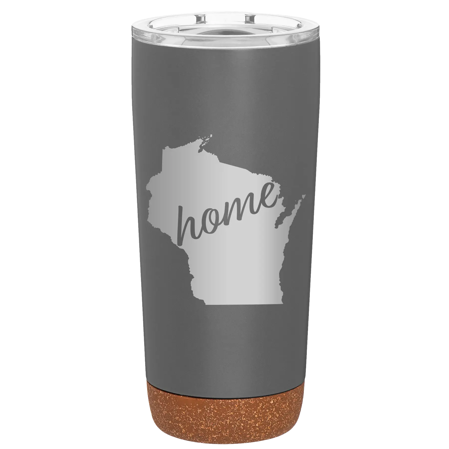 Laser etched storm gray 20 oz vacuum insulated tumbler with 'Wisconsin Home' design
