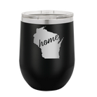 Laser etched black 12 oz vacuum insulated wine cup with 'Wisconsin Home' design