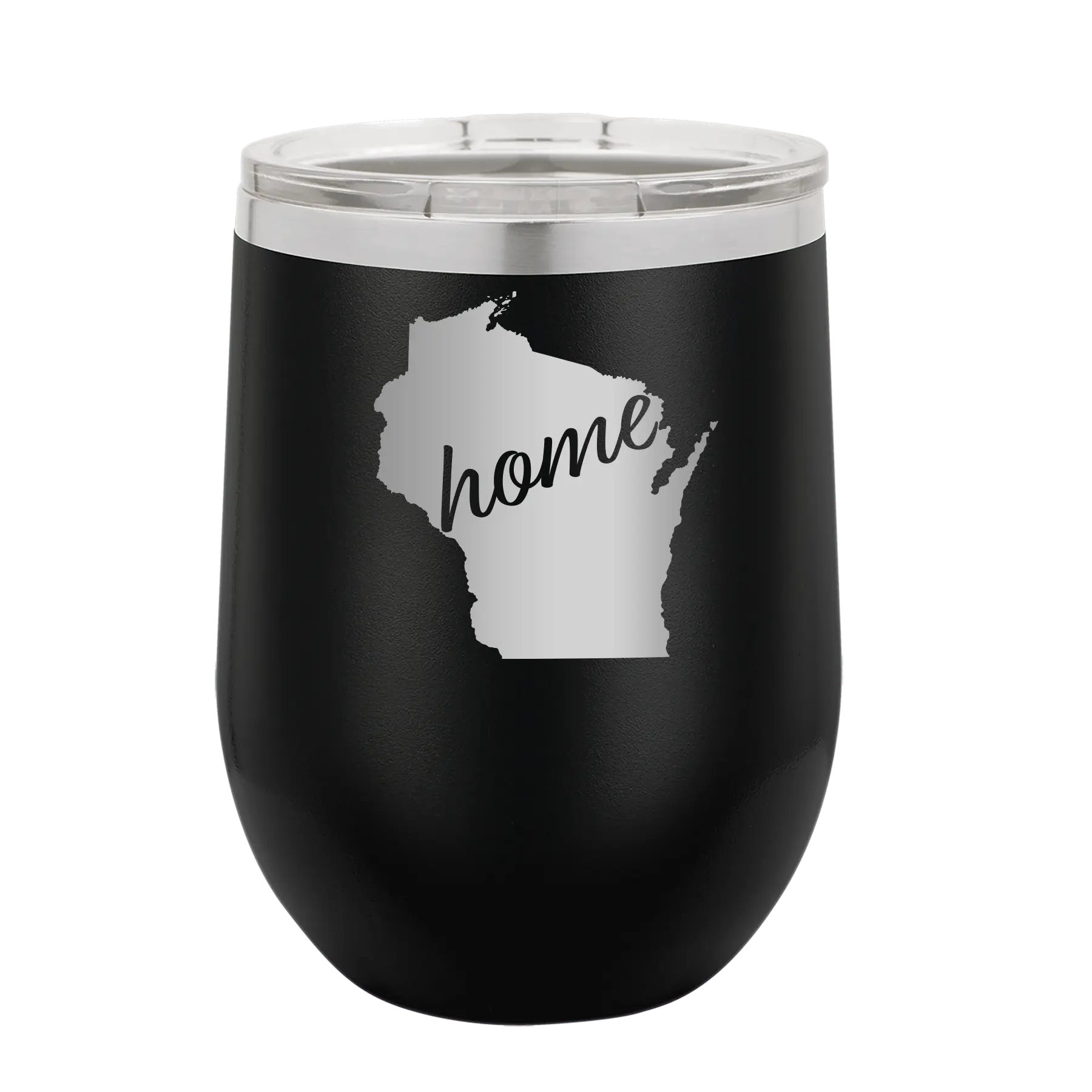 Laser etched black 12 oz vacuum insulated wine cup with 'Wisconsin Home' design