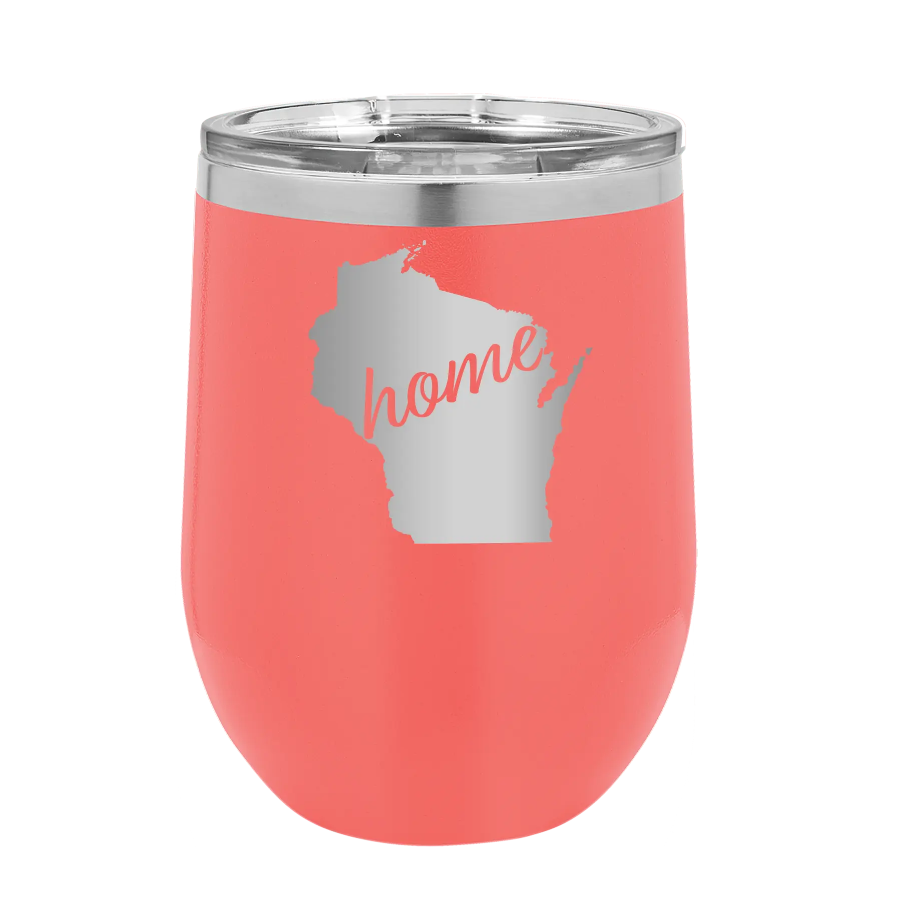 Laser etched coral 12 oz vacuum insulated wine cup with 'Wisconsin Home' design