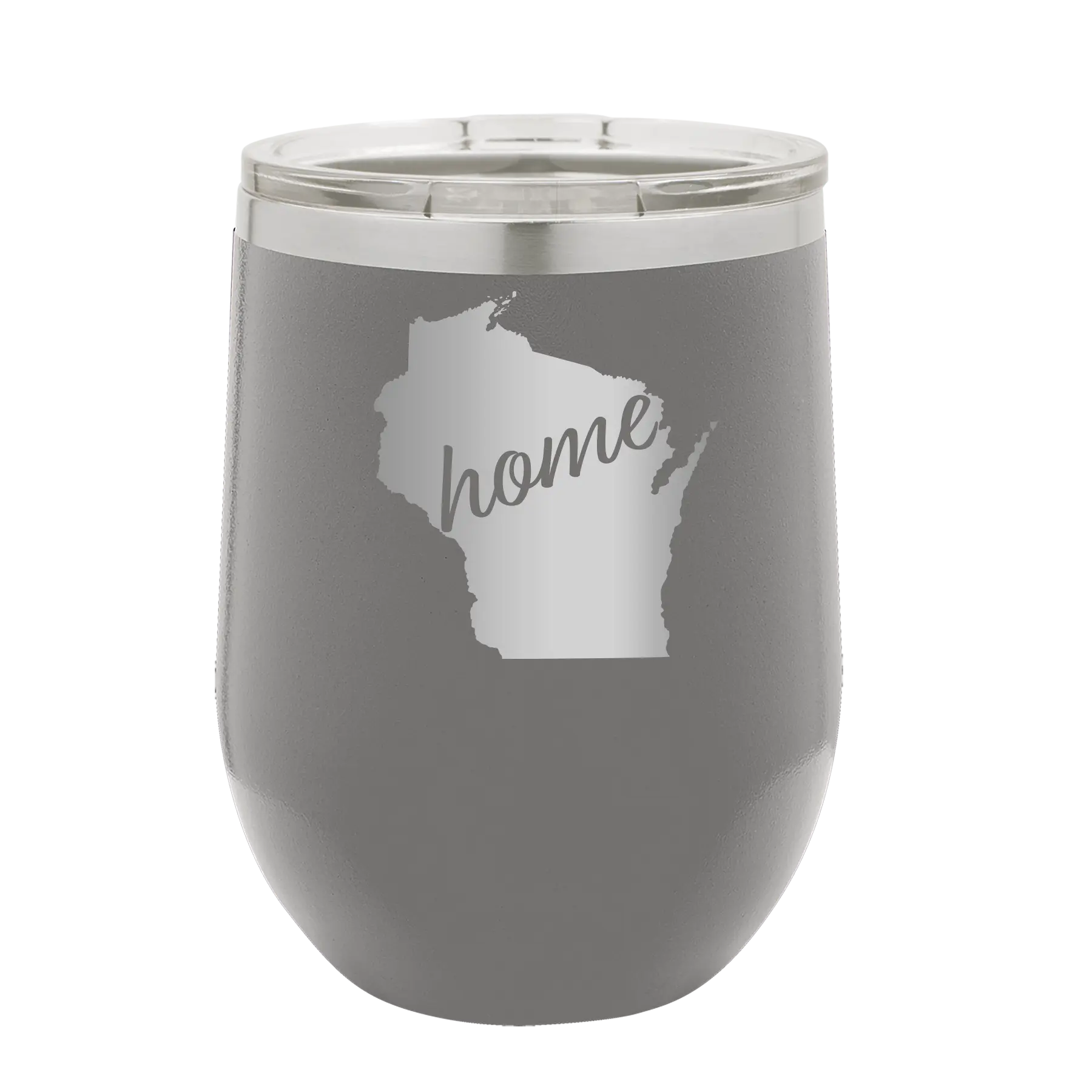 Laser etched dark gray 12 oz vacuum insulated wine cup with 'Wisconsin Home' design