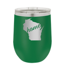 Laser etched green 12 oz vacuum insulated wine cup with 'Wisconsin Home' design