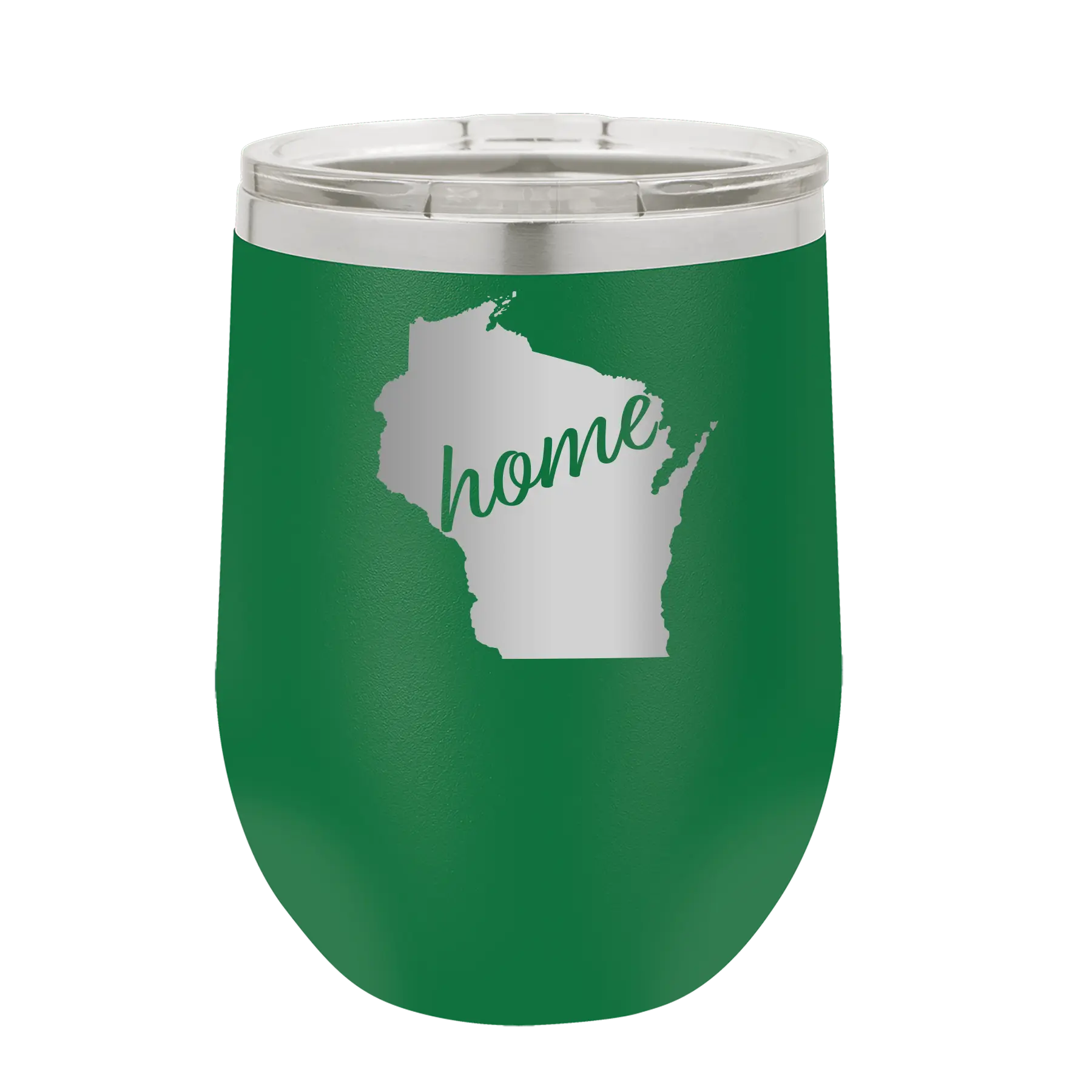 Laser etched green 12 oz vacuum insulated wine cup with 'Wisconsin Home' design