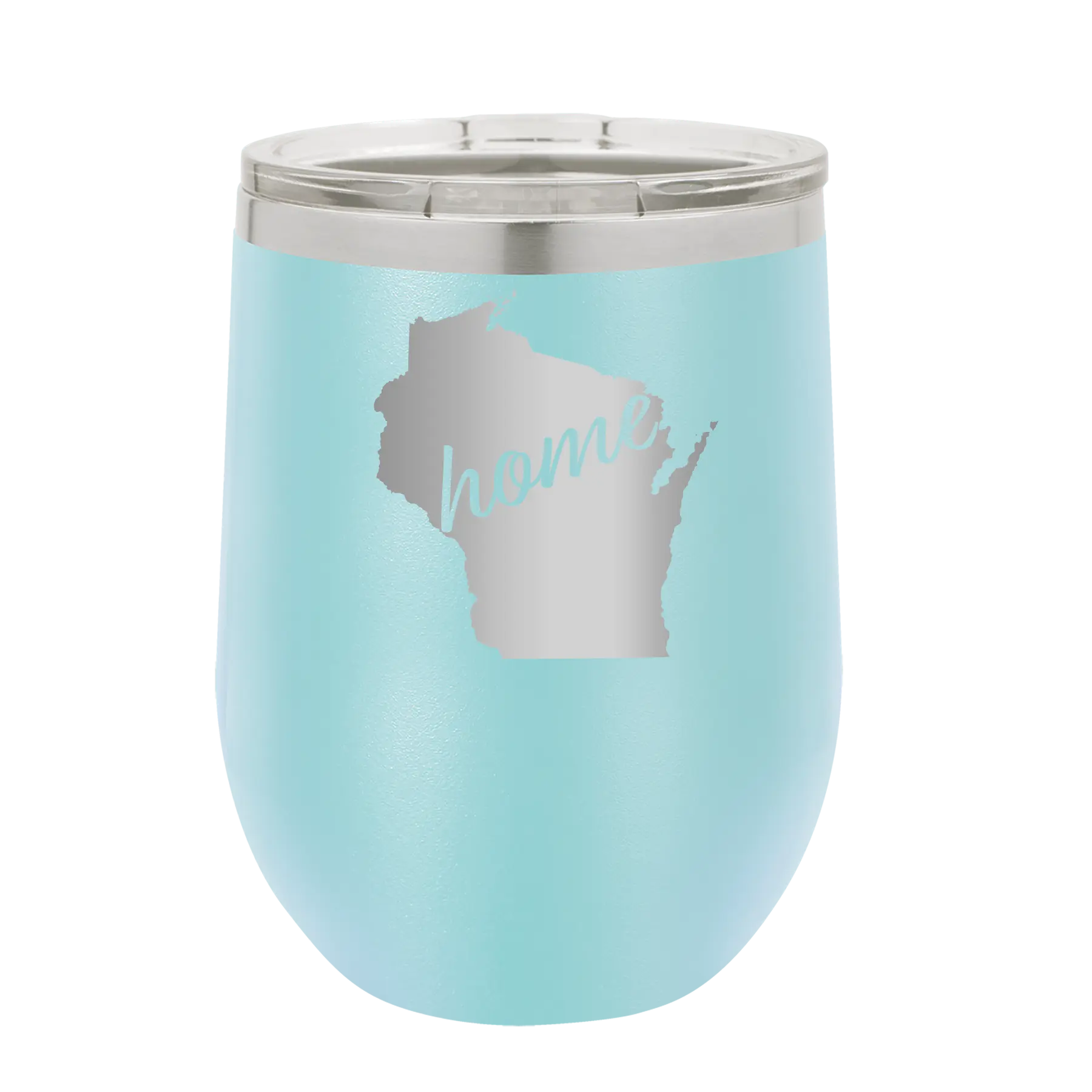 Laser etched light blue 12 oz vacuum insulated wine cup with 'Wisconsin Home' design