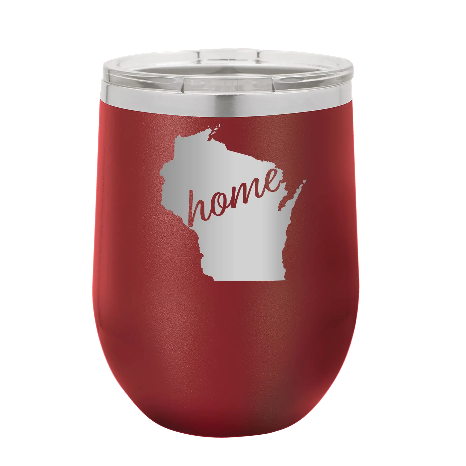 Laser etched maroon 12 oz vacuum insulated wine cup with 'Wisconsin Home' design