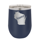 Laser etched navy 12 oz vacuum insulated wine cup with 'Wisconsin Home' design