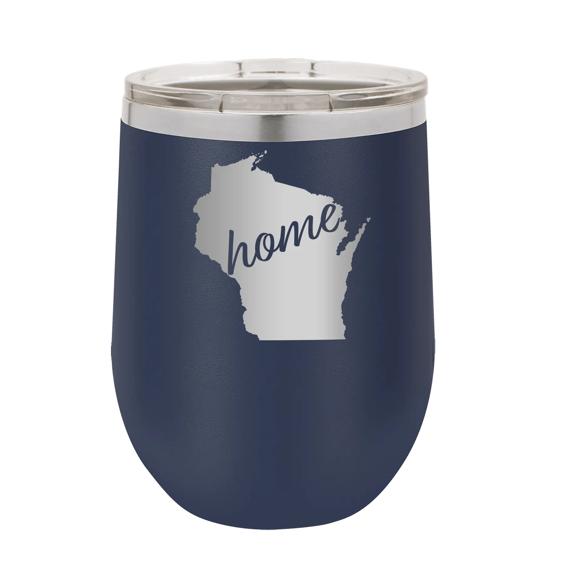 Laser etched navy 12 oz vacuum insulated wine cup with 'Wisconsin Home' design