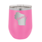 Laser etched pink 12 oz vacuum insulated wine cup with 'Wisconsin Home' design