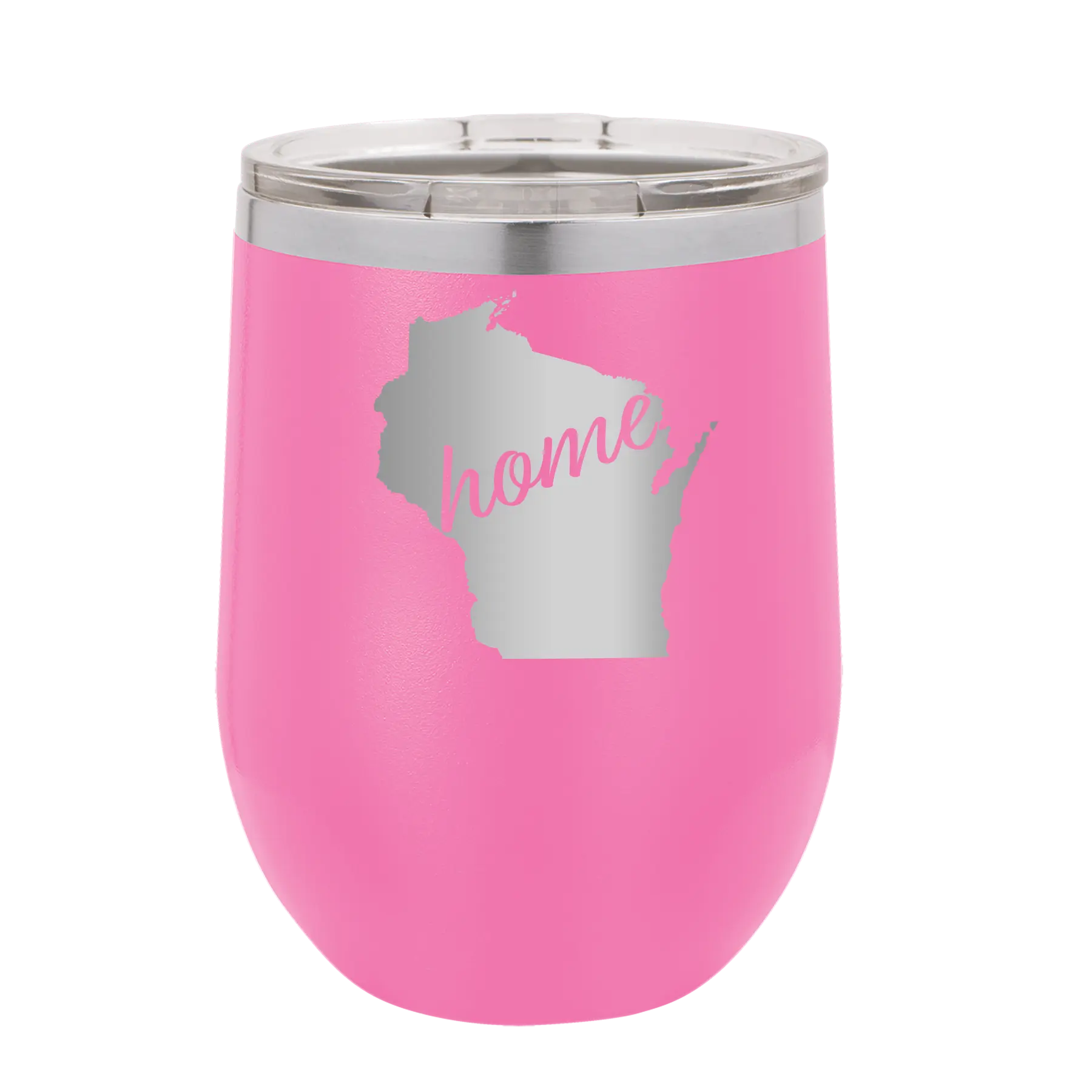 Laser etched pink 12 oz vacuum insulated wine cup with 'Wisconsin Home' design