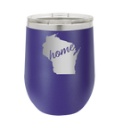 Laser etched purple 12 oz vacuum insulated wine cup with 'Wisconsin Home' design