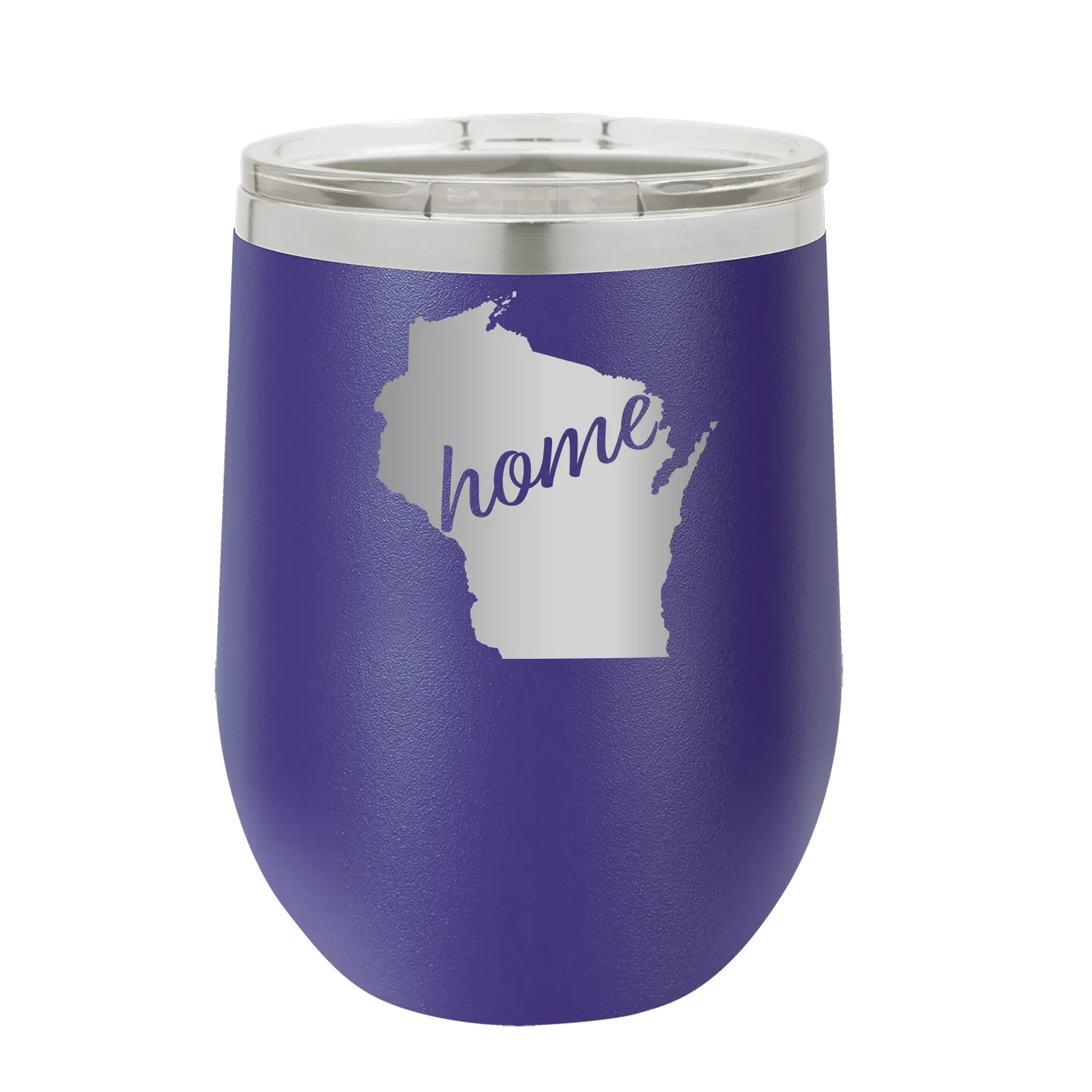 Laser etched purple 12 oz vacuum insulated wine cup with 'Wisconsin Home' design