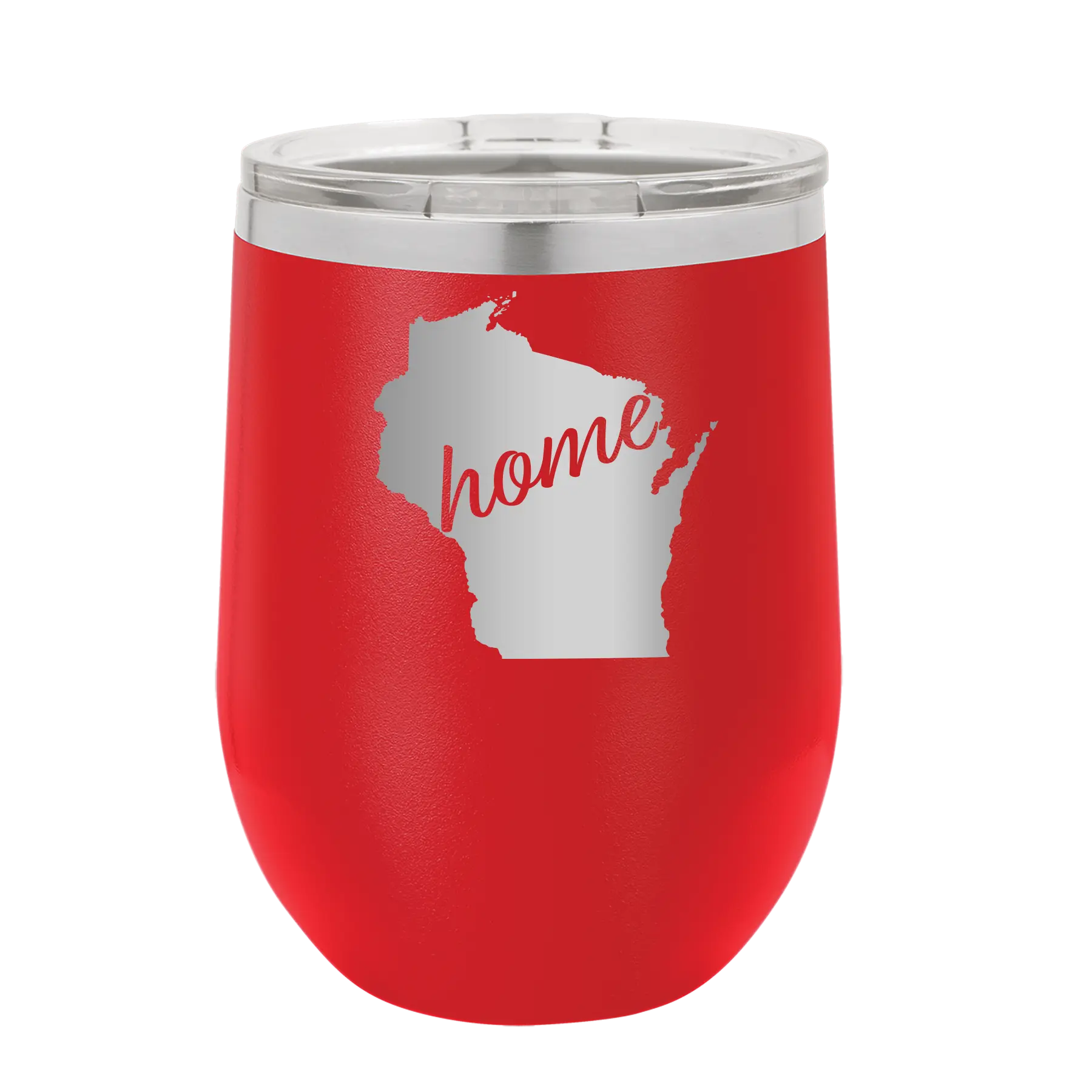 Laser etched red 12 oz vacuum insulated wine cup with 'Wisconsin Home' design