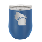 Laser etched royal blue 12 oz vacuum insulated wine cup with 'Wisconsin Home' design