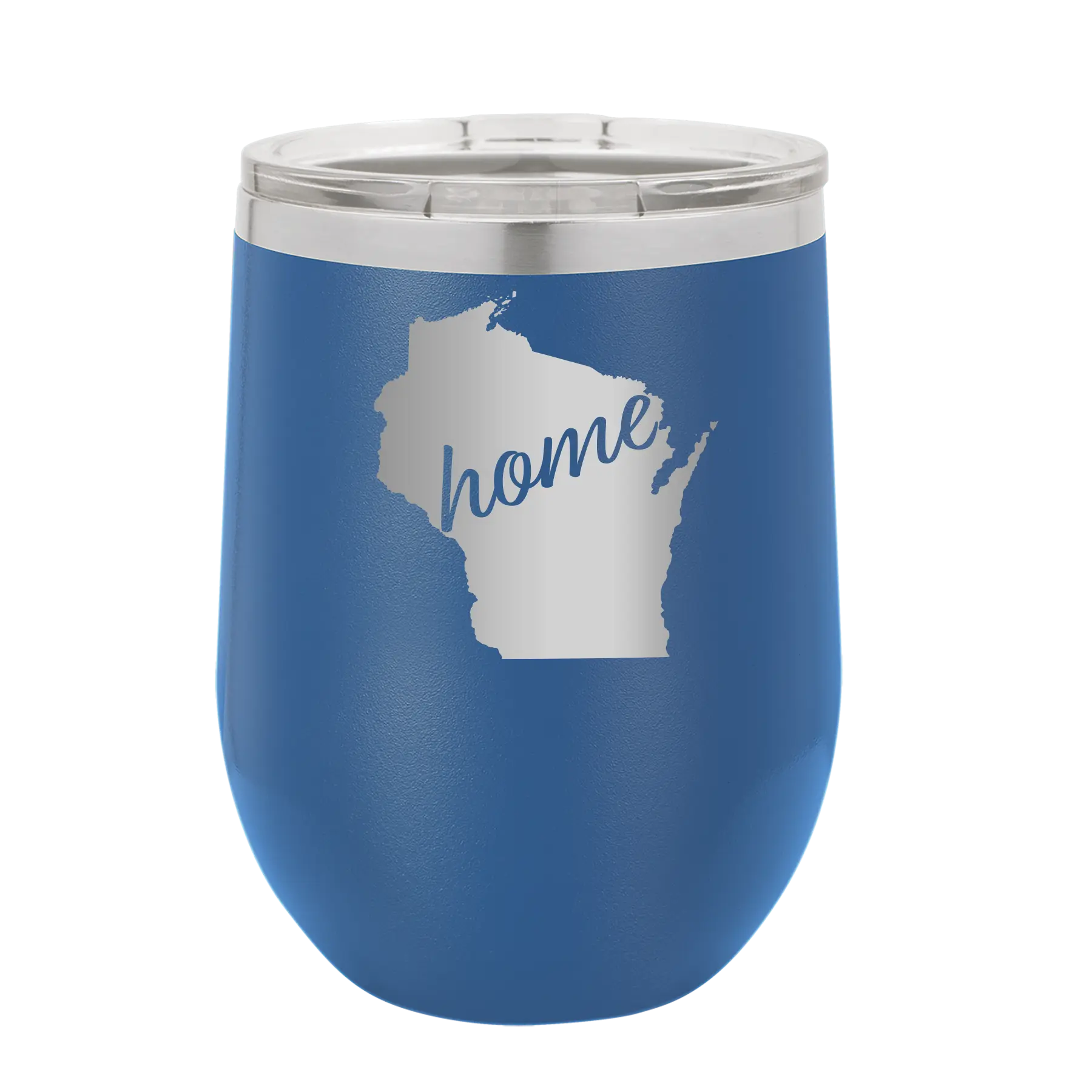 Laser etched royal blue 12 oz vacuum insulated wine cup with 'Wisconsin Home' design