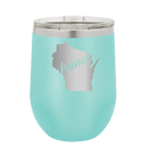 Laser etched teal 12 oz vacuum insulated wine cup with 'Wisconsin Home' design