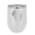 Laser etched white 12 oz vacuum insulated wine cup with 'Wisconsin Home' design