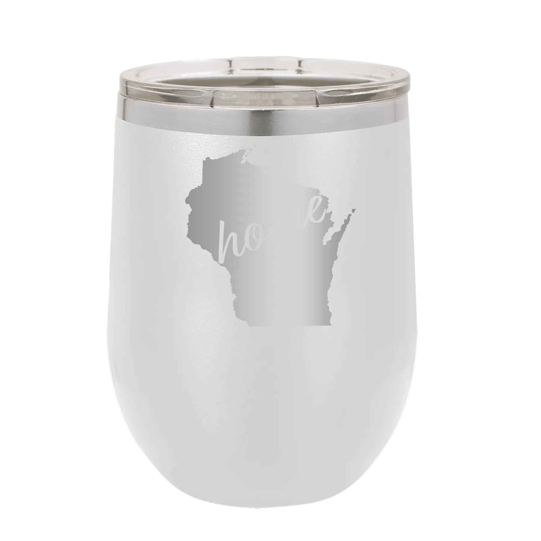 Laser etched white 12 oz vacuum insulated wine cup with 'Wisconsin Home' design