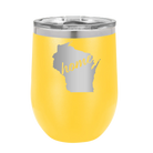 Laser etched yellow 12 oz vacuum insulated wine cup with 'Wisconsin Home' design