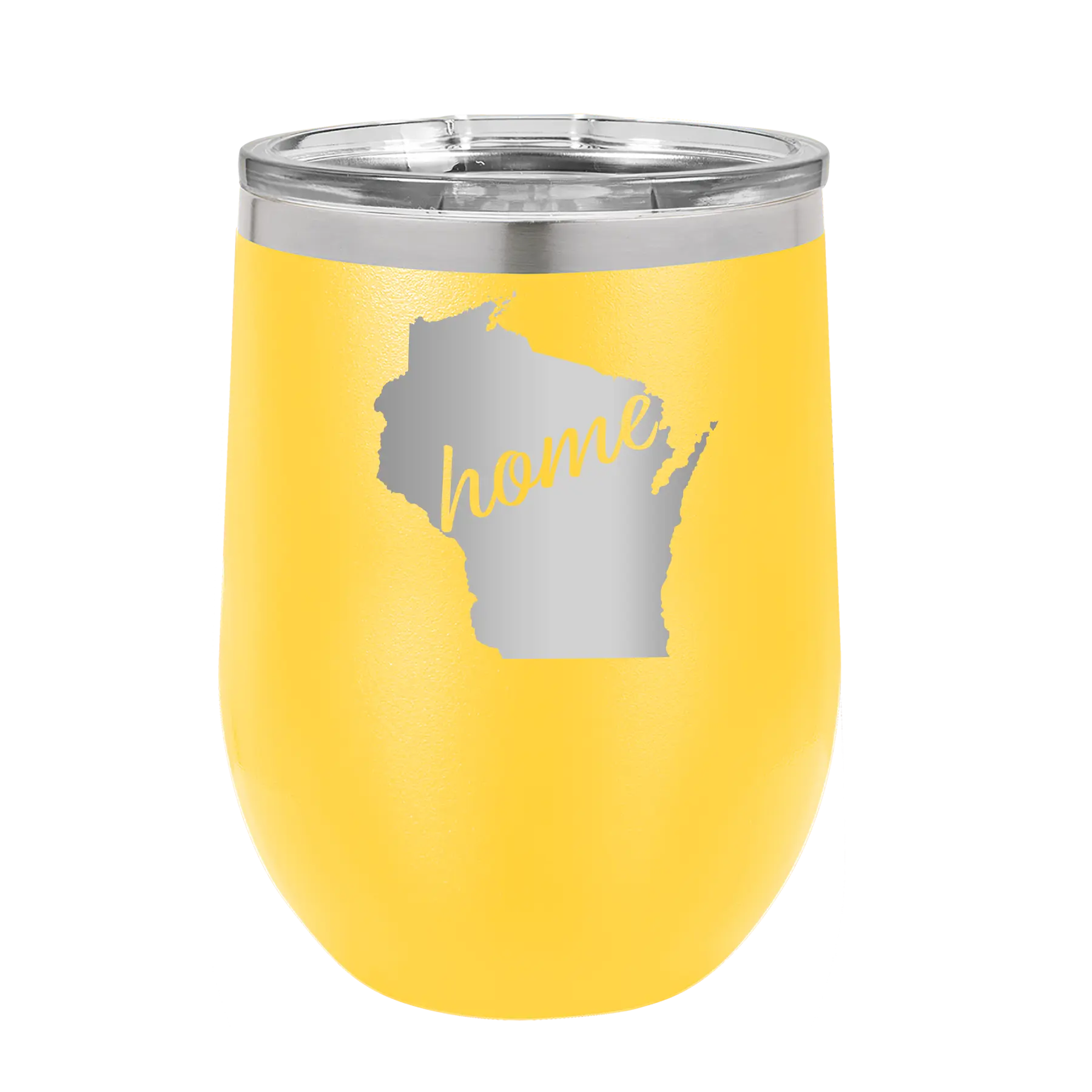 Laser etched yellow 12 oz vacuum insulated wine cup with 'Wisconsin Home' design