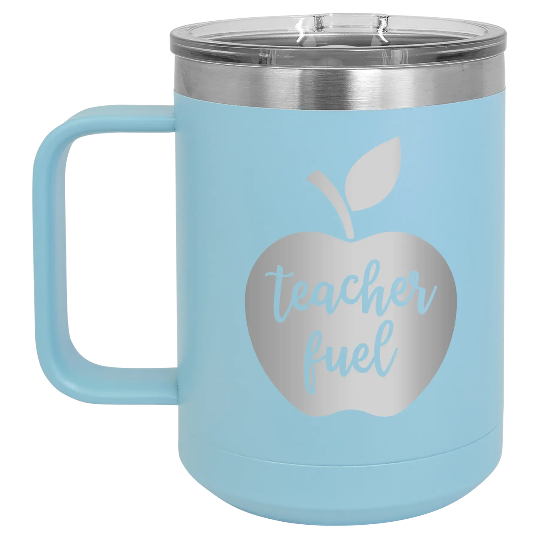 Laser etched light blue 15 oz vacuum insulated coffee mug with 'Teacher Fuel' design