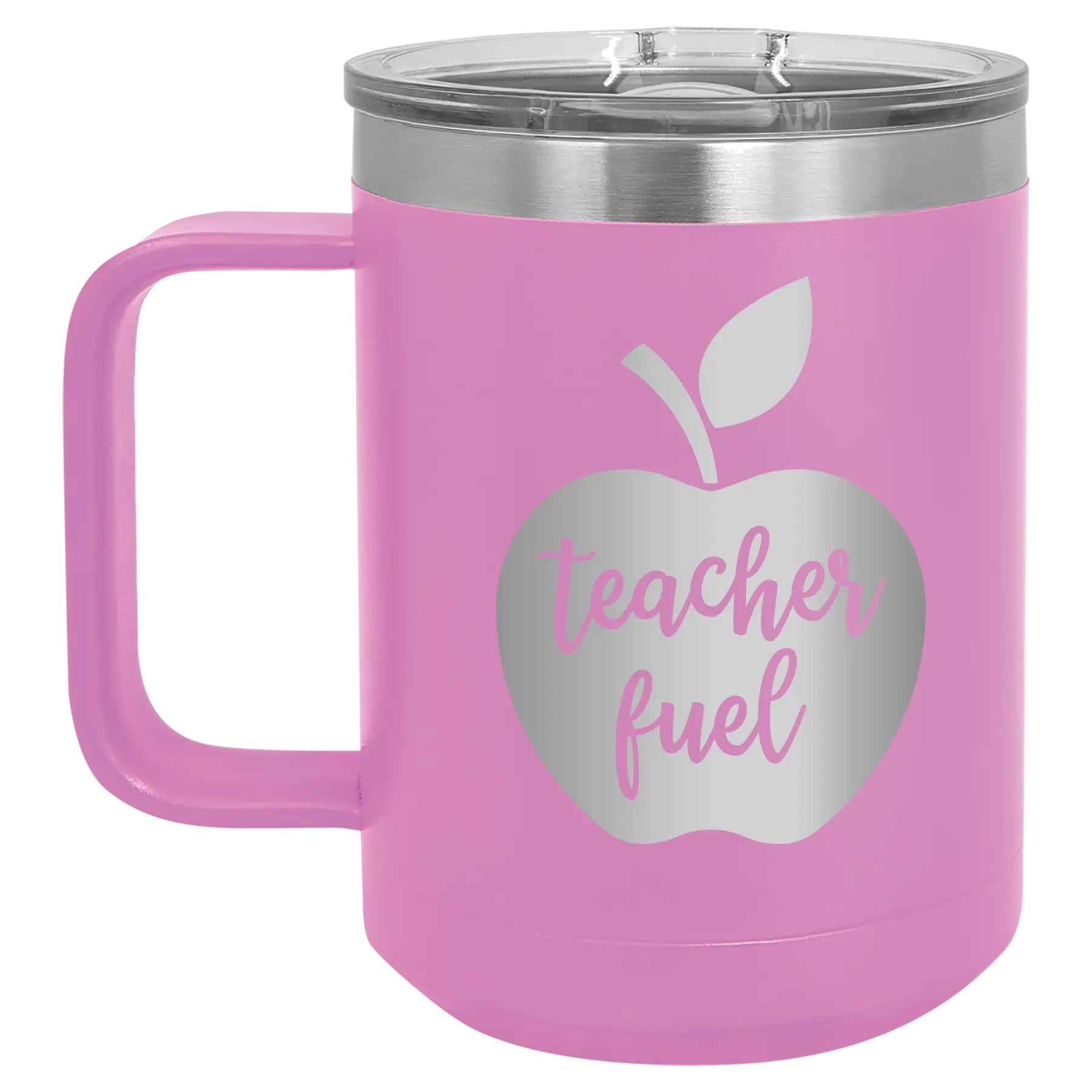 Laser etched light purple 15 oz vacuum insulated coffee mug with 'Teacher Fuel' design