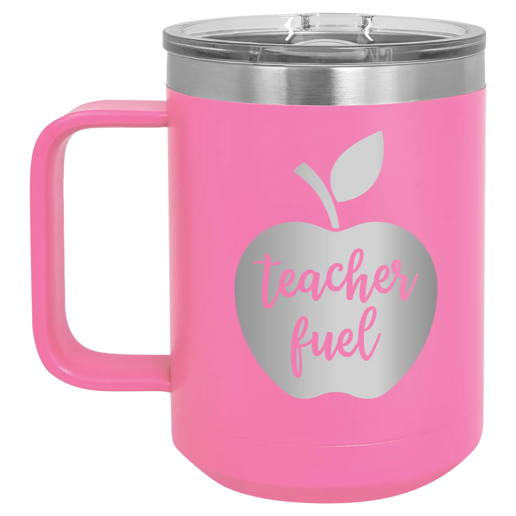 Laser etched pink 15 oz vacuum insulated coffee mug with 'Teacher Fuel' design